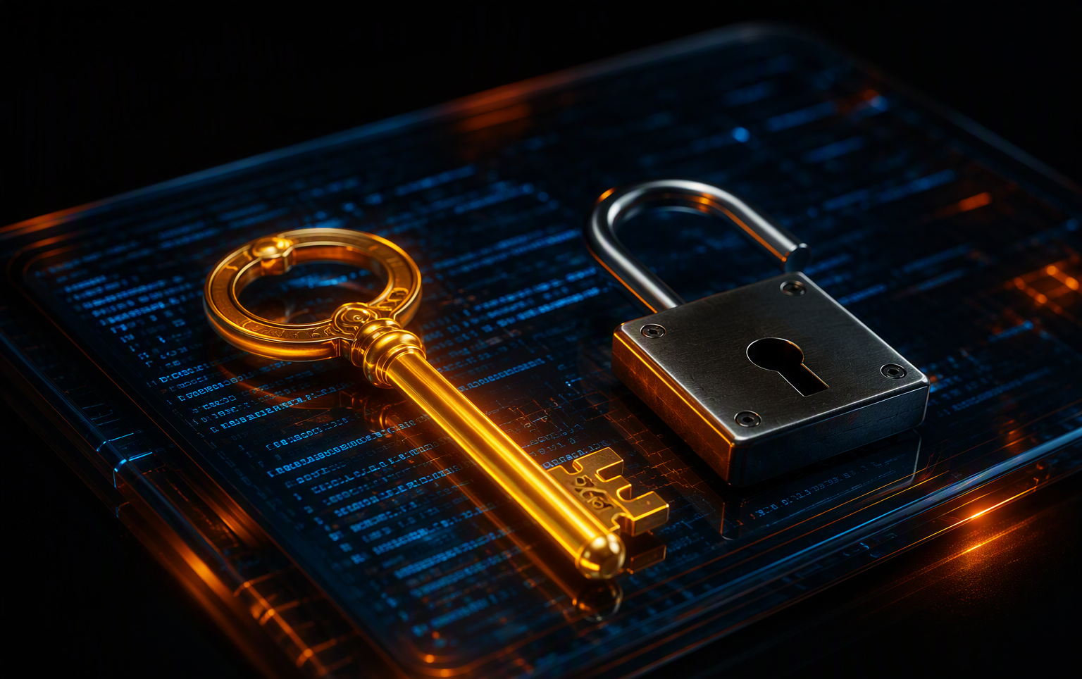 Clé dorée posée sur un panneau de code lumineux avec cadenas ouvert