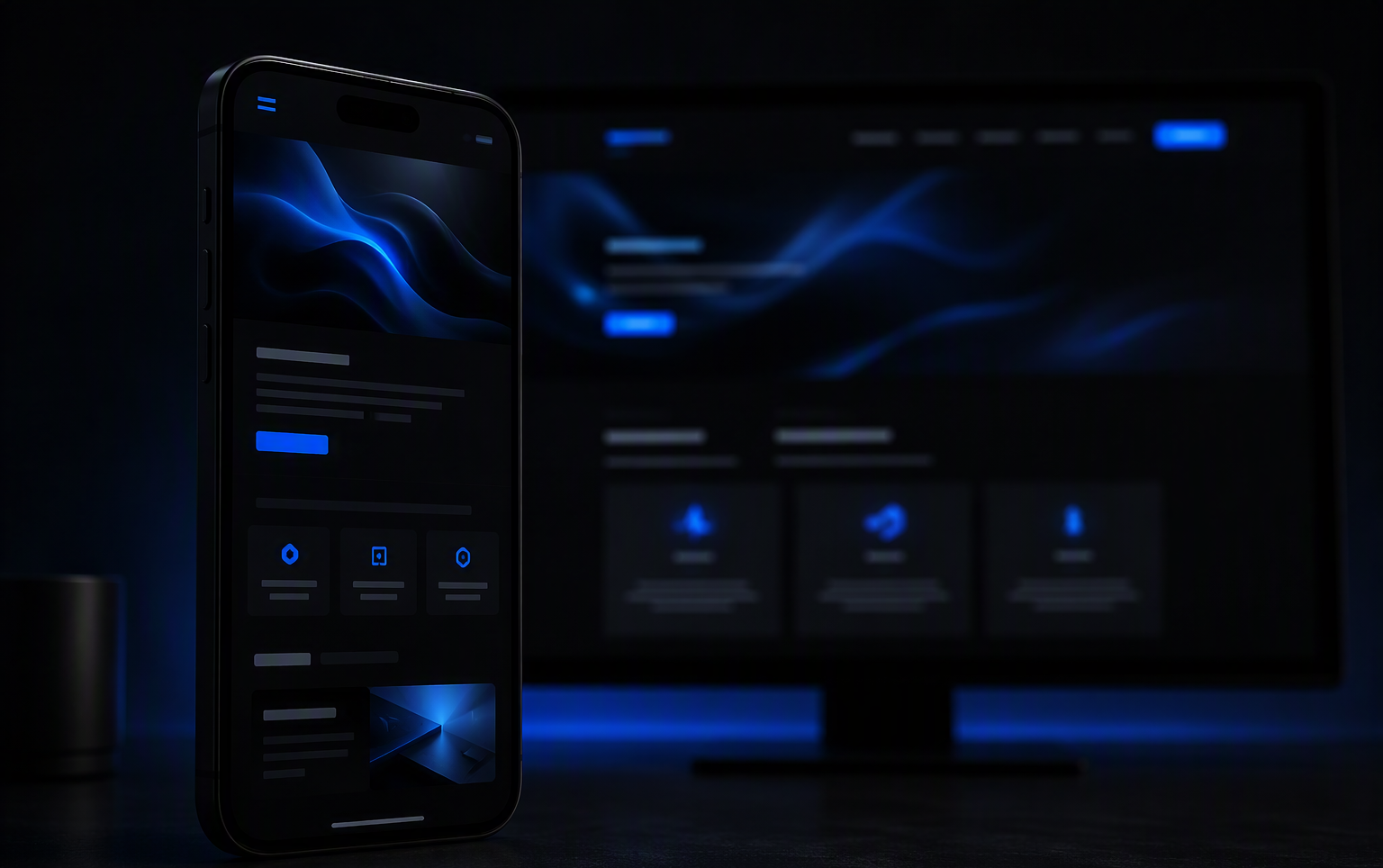 Smartphone affichant un site responsive en mode sombre, version desktop en arrière-plan