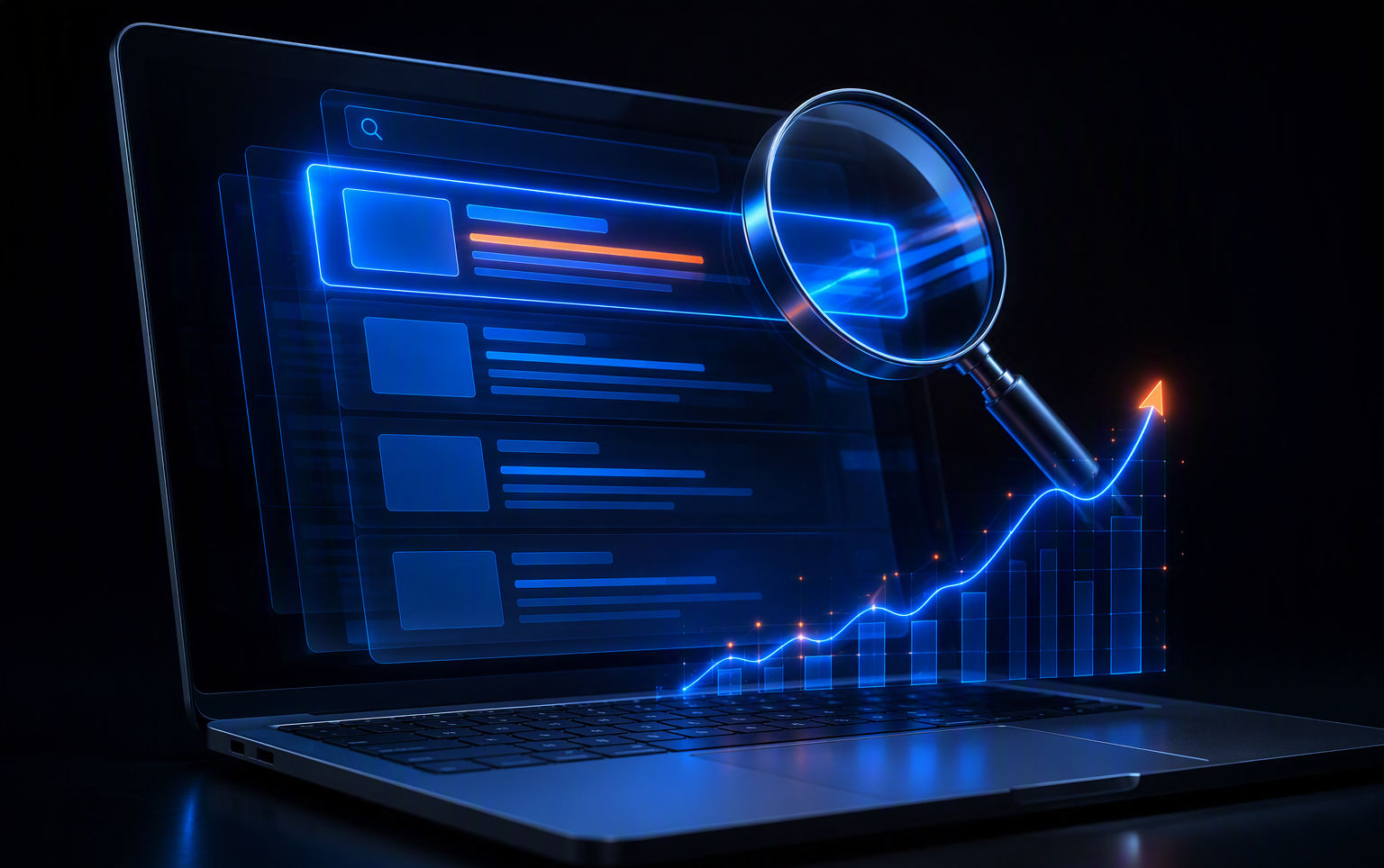 Panneau holographique de résultats de recherche avec courbe de progression