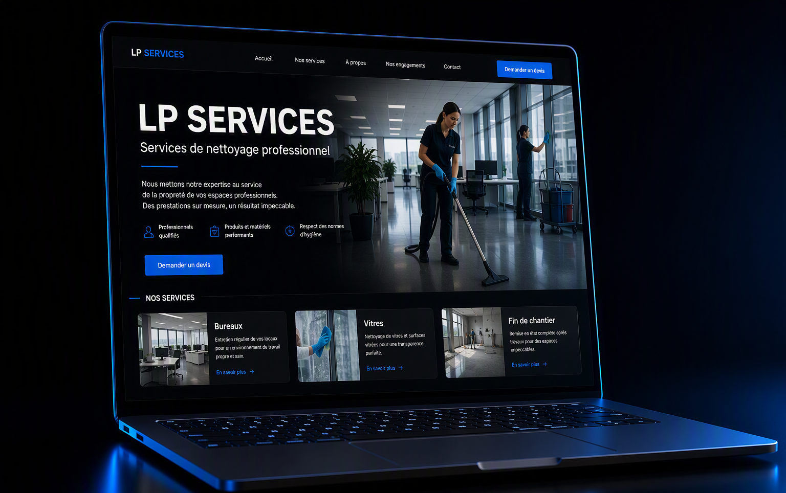 Site vitrine LP Services, entreprise de services de nettoyage, en mode sombre