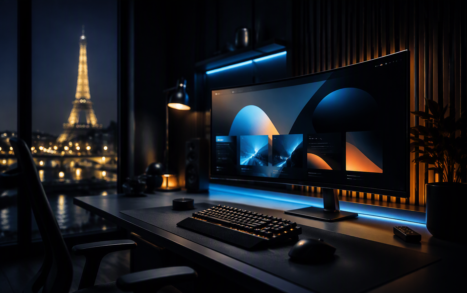 Studio Socialsticks la nuit, écran affichant un site en mode sombre bleu et orange